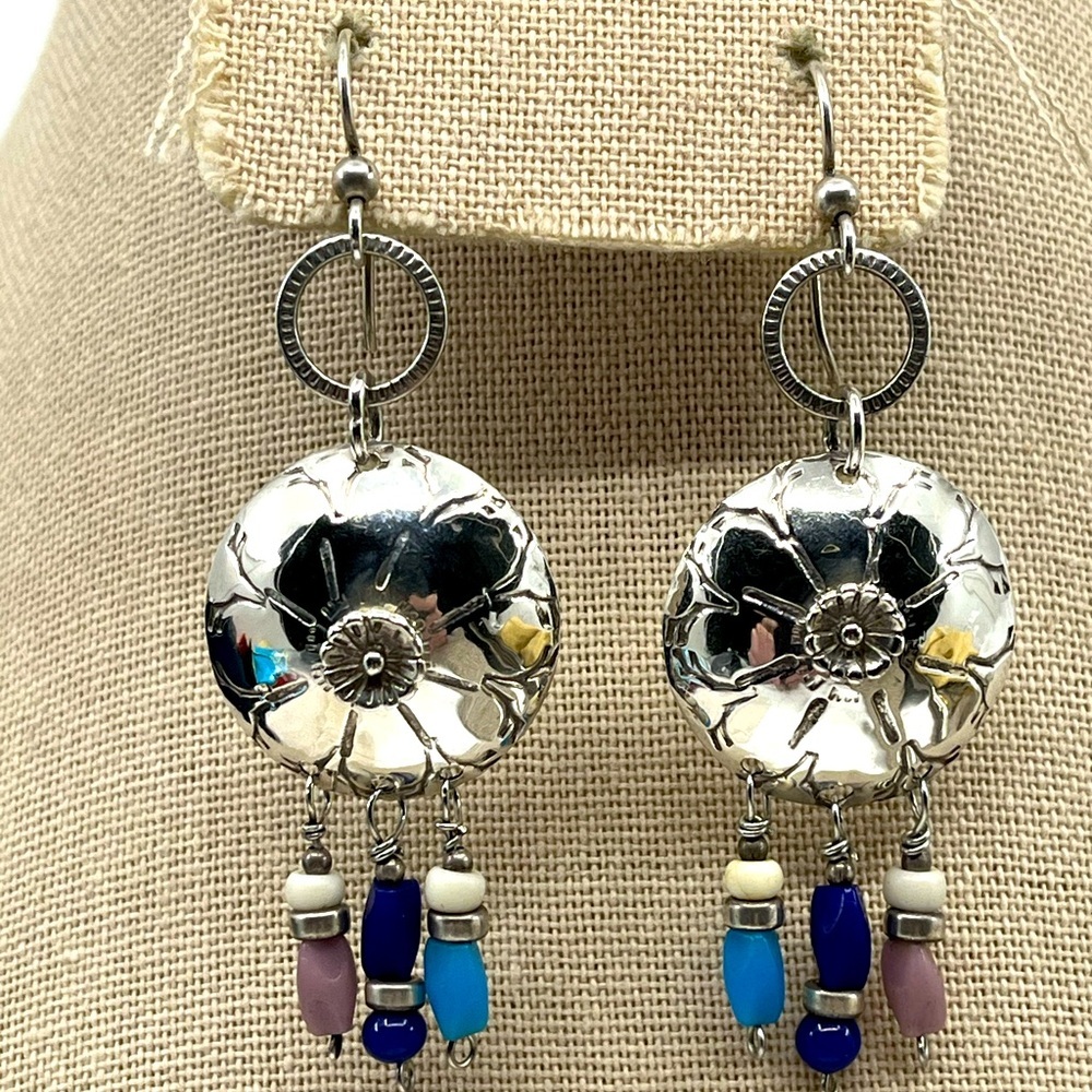 90's Handmade Sterling Silver Shell Drop Earrings with Beaded Accents